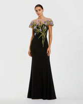 Black High Neck Floral Embroidered Jersey Gown