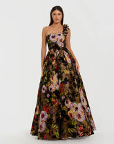 Multicolor One Shoulder Floral Velvet Ballgown