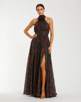 Black Floral Print Halter Neck Gown with Rosette Detail
