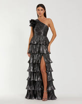Dark Gray Pleated Metallic Ruffled One Shoulder Gown