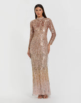 Pink Mock Neck Long Sleeve Fringe Embellished Column Gown