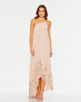 Pink Flowy One Shoulder Beaded Trapeze Gown